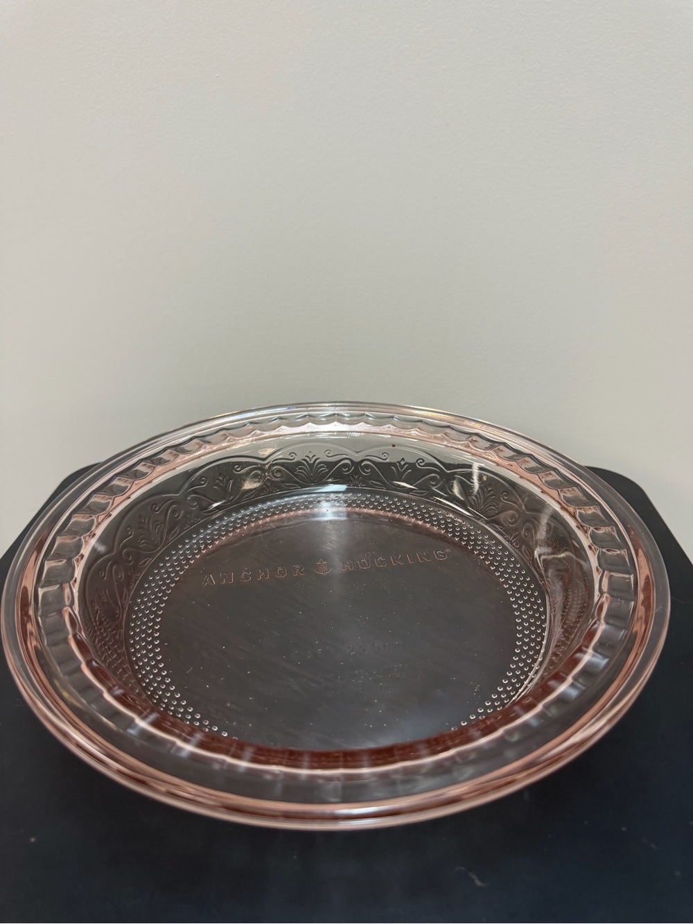 Vintage Anchor Hocking Laurel Embossed Rosewater Pink Glass Pie Plate